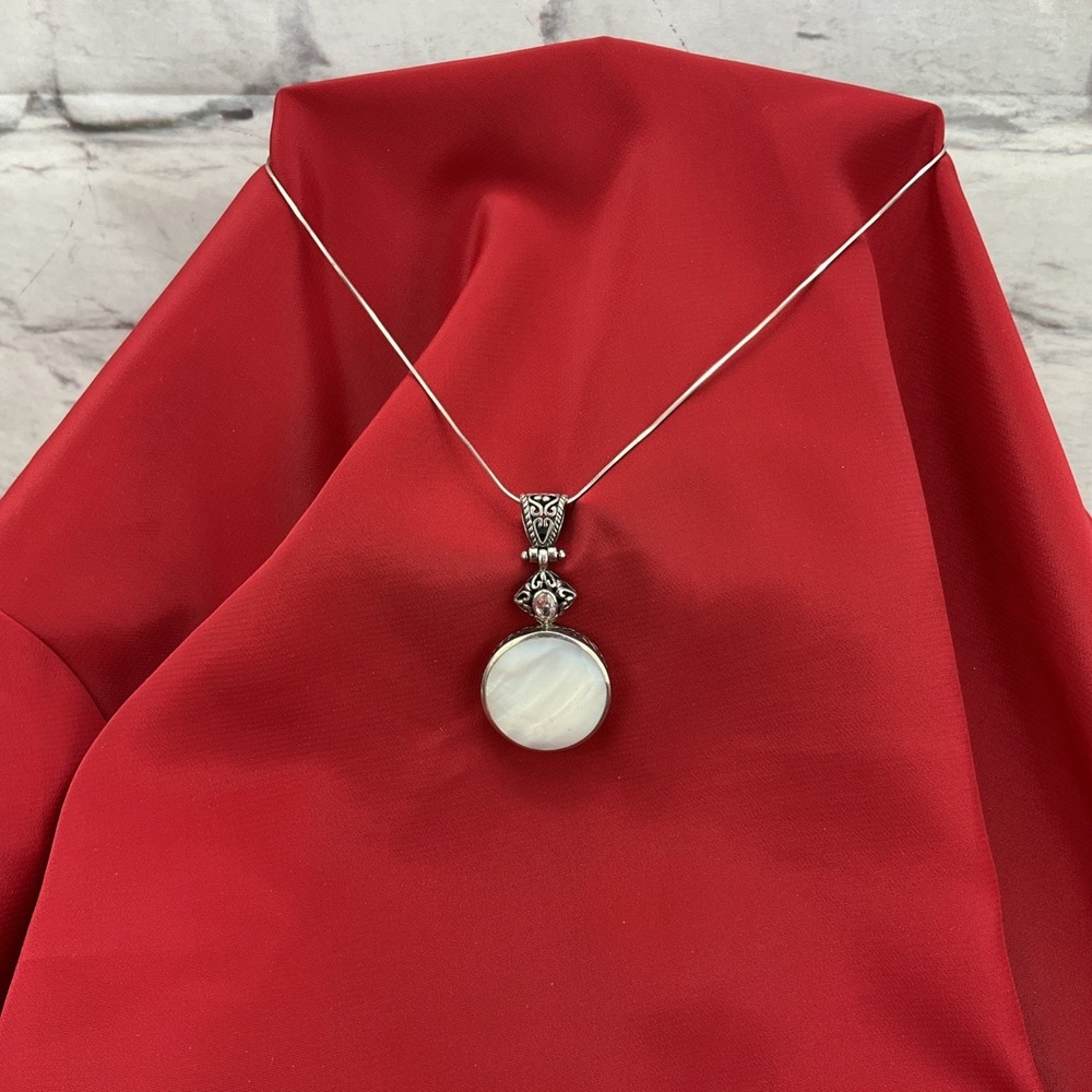 Sterling Silver 925 Vintage Mother Of Pearl Large Round Drop Pendant